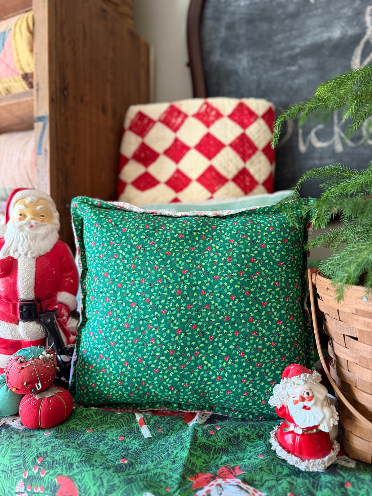 Cross Stitched Holly Jolly Christmas Pillow