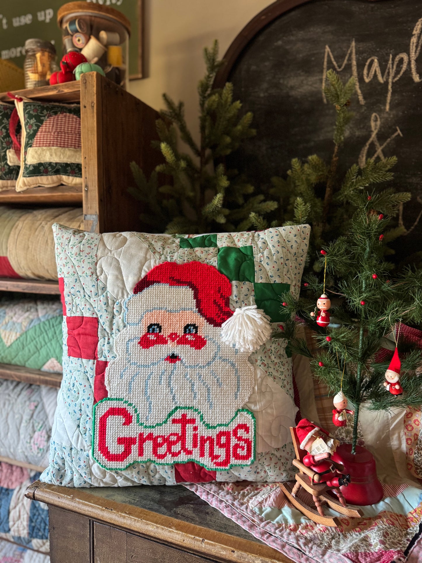 Vintage Needlepoint Santa Pillow Cover