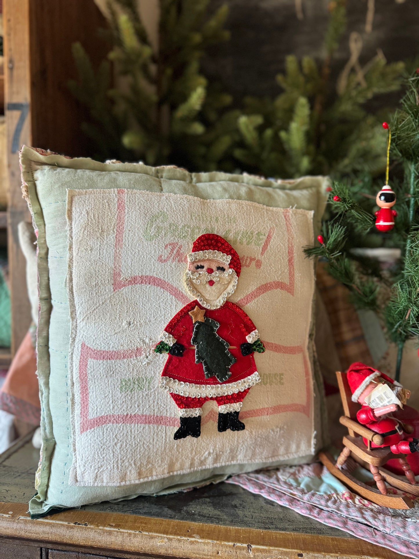 Vintage Santa layered pillow 1