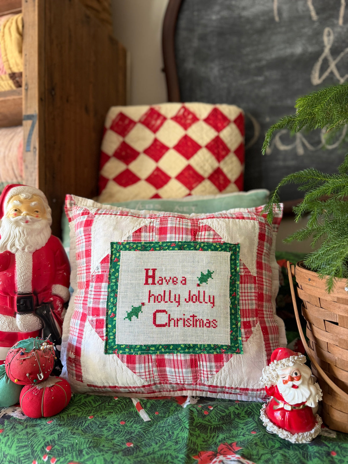 Cross Stitched Holly Jolly Christmas Pillow