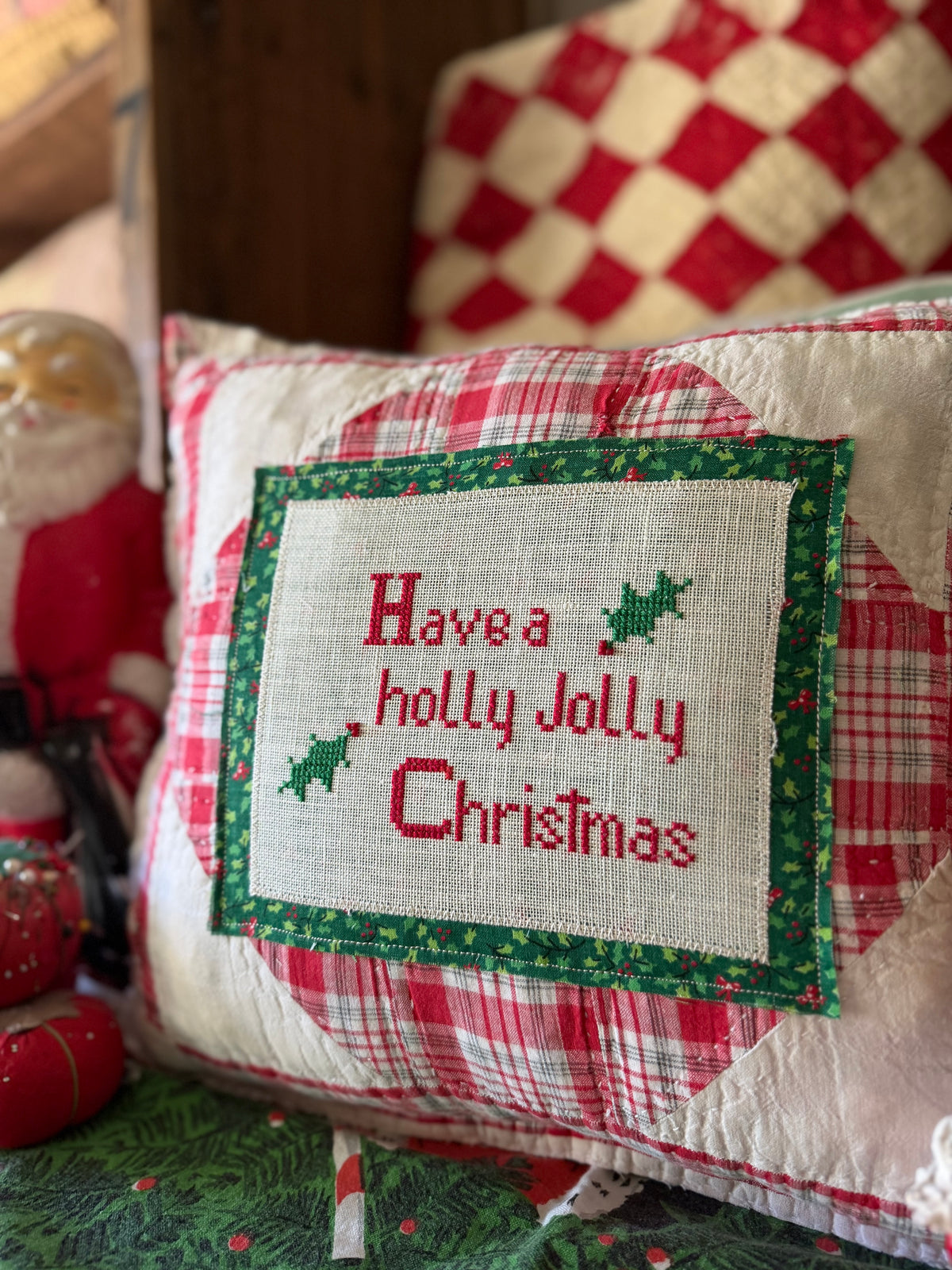 Cross Stitched Holly Jolly Christmas Pillow