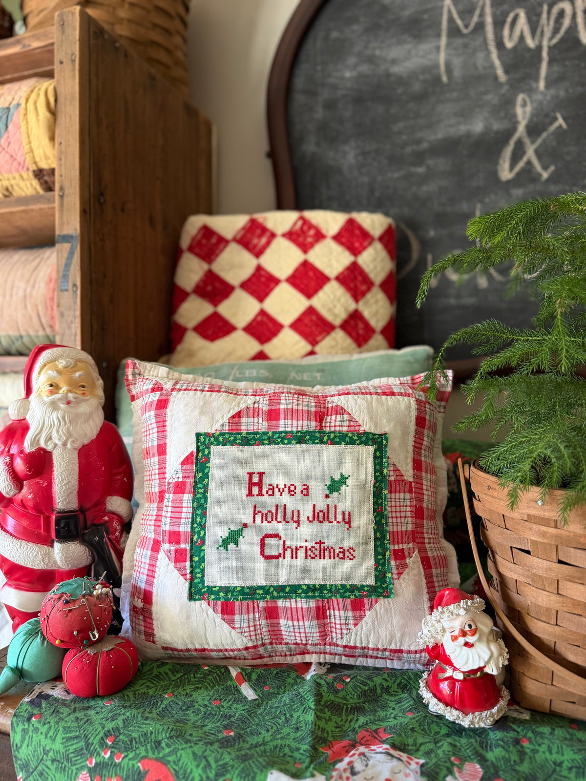 Cross Stitched Holly Jolly Christmas Pillow