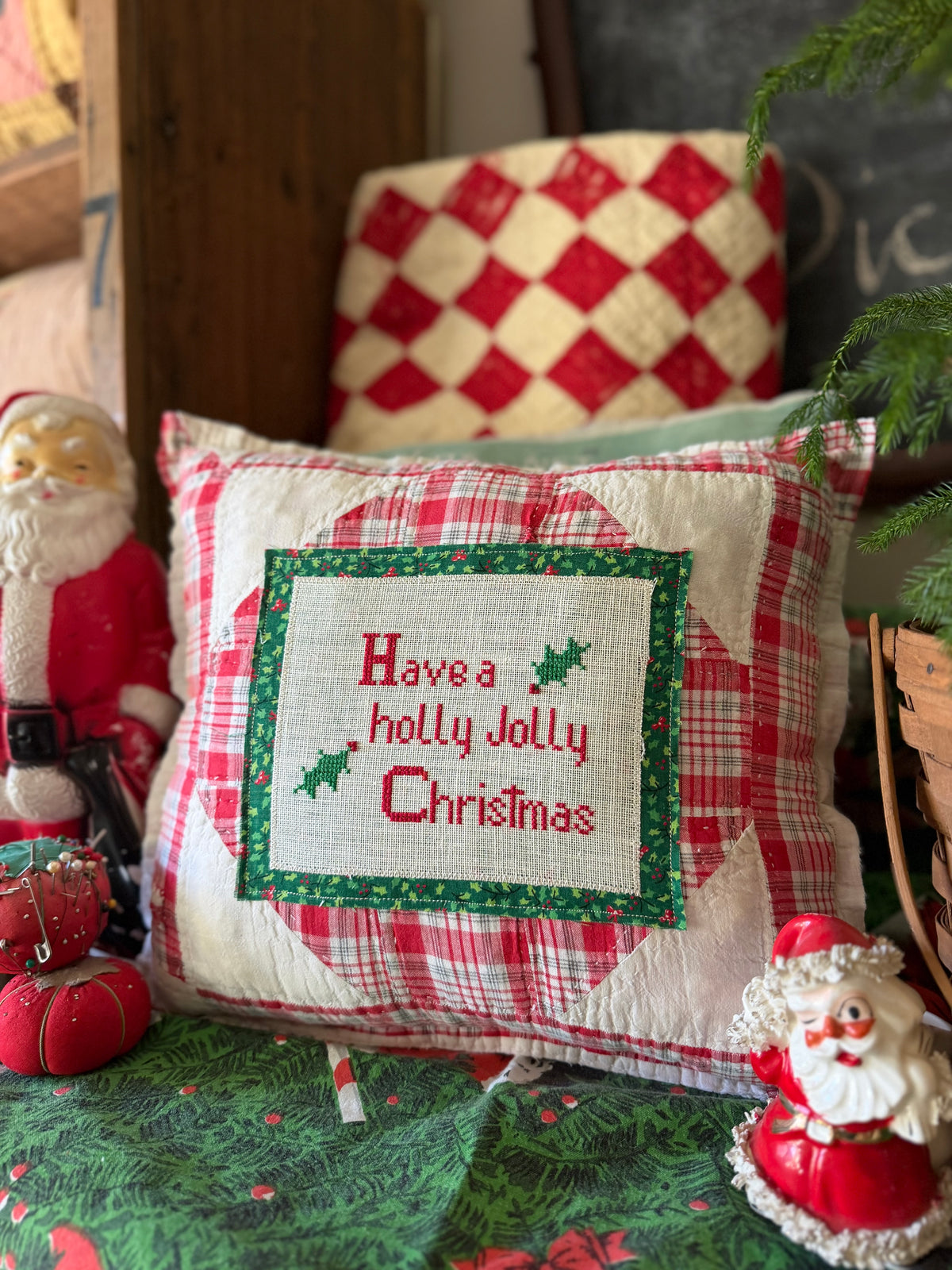 Cross Stitched Holly Jolly Christmas Pillow