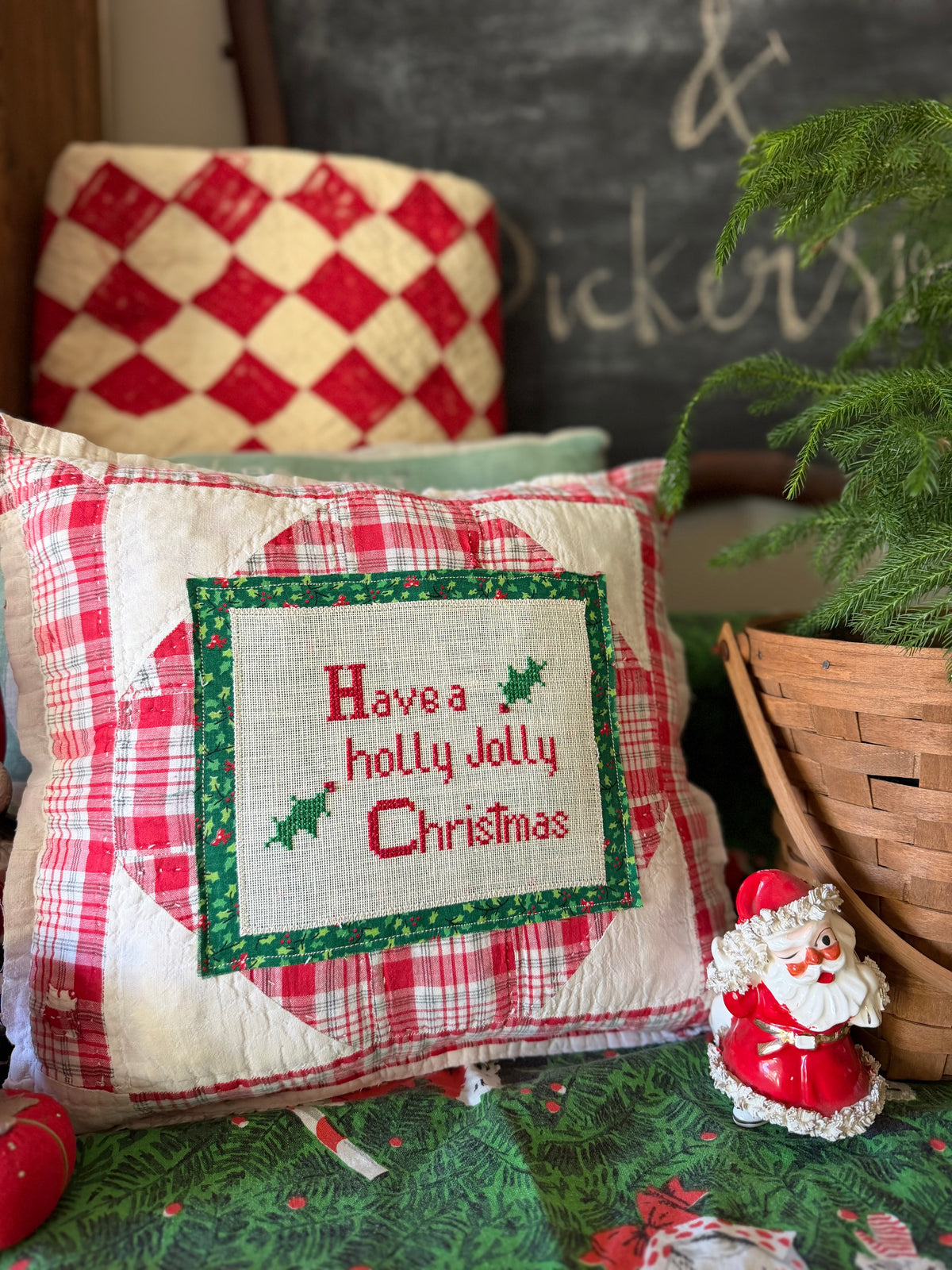 Cross Stitched Holly Jolly Christmas Pillow