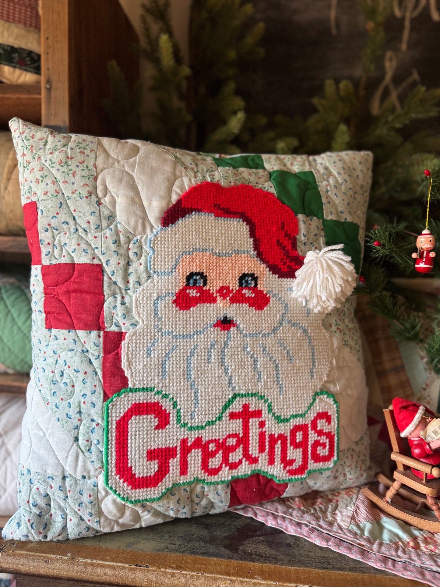 Vintage Needlepoint Santa Pillow Cover