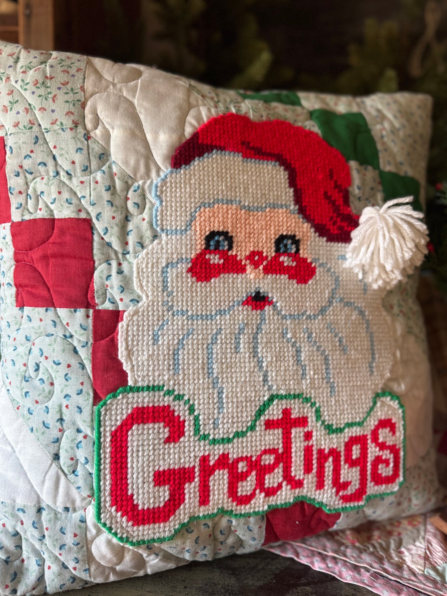 Vintage Needlepoint Santa Pillow Cover