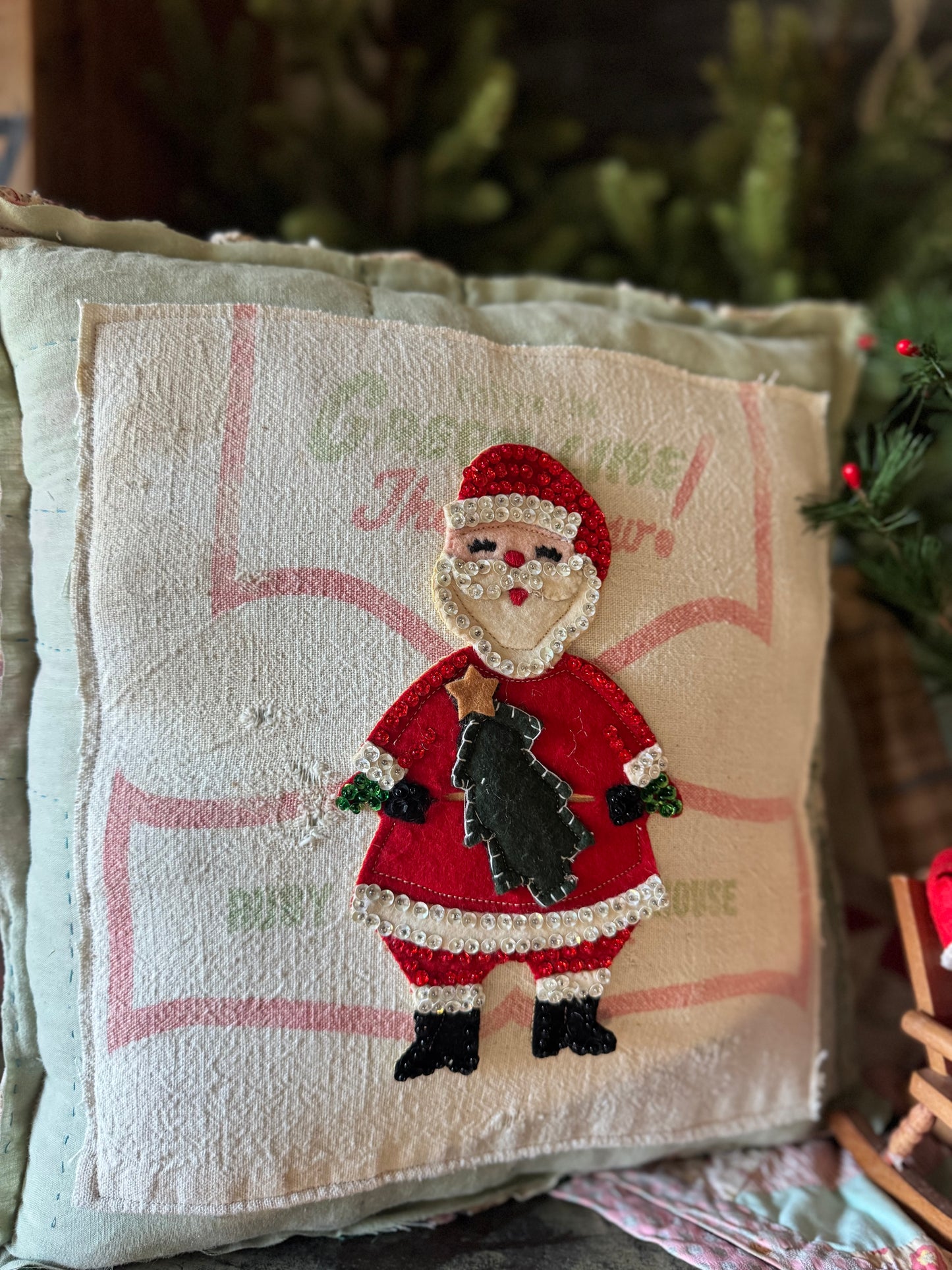 Vintage Santa layered pillow 1